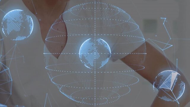 Therapist placing palms on client chest, activating 3D globe visualizing vitals during massage