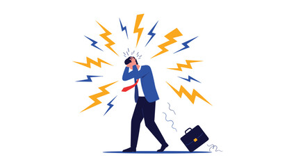 Fototapeta premium Overwhelmed businessman in suit covers his ears as bright yellow lightning bolts strike around him, symbolizing acute stress and anxiety at work.