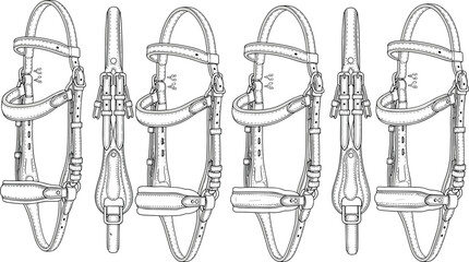 Horse bridle line art set, detailed leather harness equipment illustration, equestrian tack design isolated on white background
