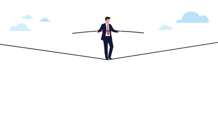 Fototapeta premium Businessman in a suit carefully balancing and walking across a thin tightrope in the clear blue sky, symbolizing high risk and business challenges.