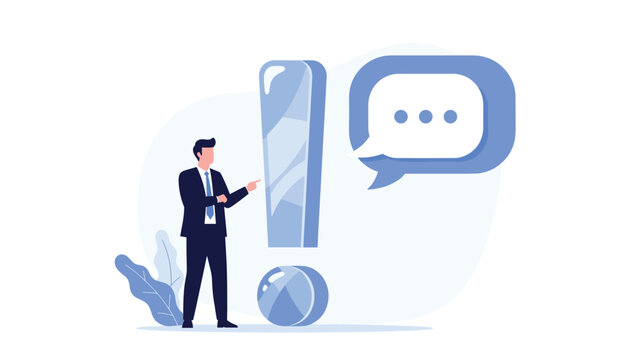 Businessman standing next to a giant blue exclamation mark and pointing at a speech bubble, representing important communication or notification.