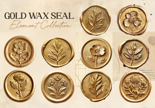 Elegant Floral Gold Wax Seals Element Design Set