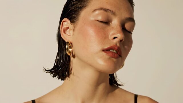 A calm young woman with short damp dark hair, natural freckled skin, soft peachy blush, matte terracotta lipstick, and thick gold hoop earrings