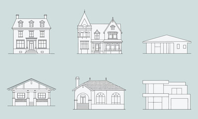 Six different house in a minimalist line style on a light blue background line light blue architectural