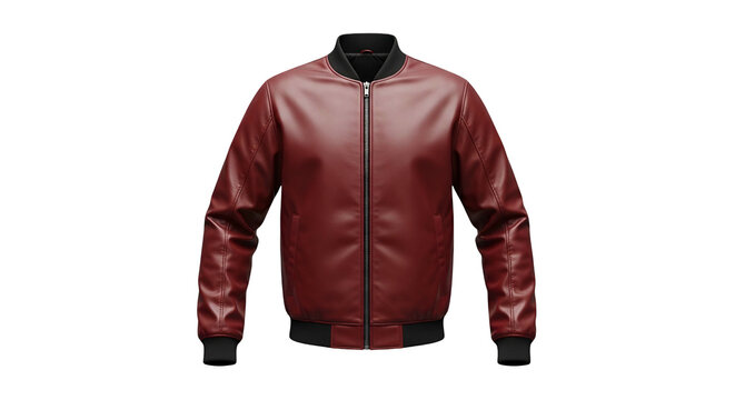 Burgundy Leather Bomber Jacket with Black Ribbed Collar and Cuffs Isolated on Transparent Background