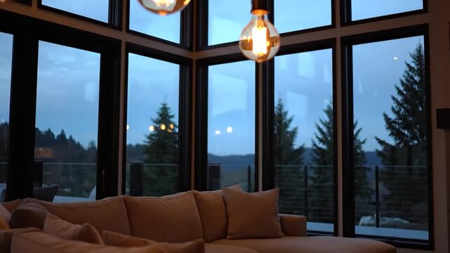 Warm illuminated edison style light bulbs hanging in modern room with large windows overlooking outdoor landscape at dusk
