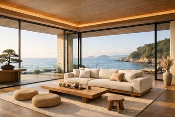 Fototapeta premium Coastal serenity in a Japanese living room
