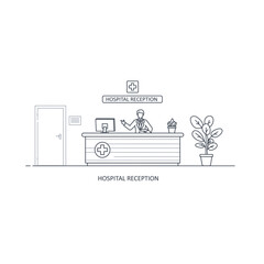 Fototapeta premium Hospital Receptionist Waving Behind Desk with Computer and Plant
