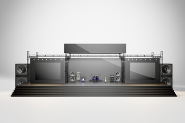 Obraz premium A 3D rendering of a sleek, modern stage setup with a large rectangular screen, flanked by speakers and featuring various equipment