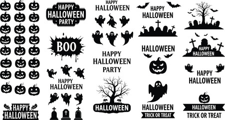 Halloween silhouette typography and icon set pumpkins ghosts bats graveyard spooky party happy halloween trick or treat vector © Nupoor's World