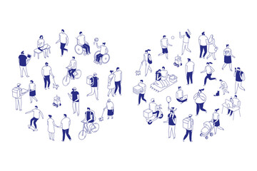 Fototapeta na wymiar Isometric line people isolated collection showing daily urban life on white background. Minimal blue outline characters include delivery, running, family time, pets and casual city activities.