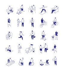 Obraz premium Isometric line people isolated set of characters in active everyday situations on white background. Minimal blue outline lifestyle bundle 