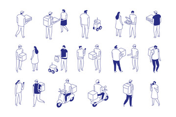 Modern minimal lifestyle bundle featuring diverse characters in everyday situations. This isometric line people isolated set includes work; parenting; fitness and urban