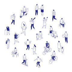Isometric line people isolated set of diverse characters in everyday activities on white background. Minimal blue outline lifestyle bundle 