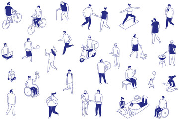 Obraz premium Isometric line people isolated collection showing daily urban life on white background. Minimal blue outline characters include delivery, running, family time, pets and casual city activities.