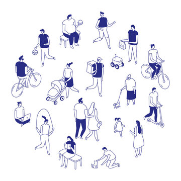 Isometric line people isolated set of diverse characters in everyday activities on white background.