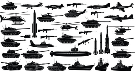 Military weapons and vehicles silhouette set tanks aircraft helicopters missiles ships guns black vector collection isolated © Nupoor's World