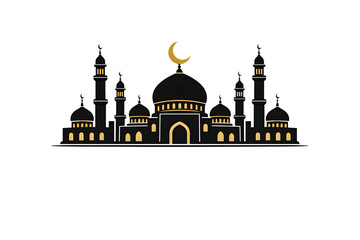 Fototapeta premium Elegant Eid Mubarak Vector Illustration with Gold Mosque Silhouette and Crescent Moon