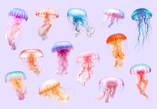 Vibrant Watercolor Jellyfish Element Design Set