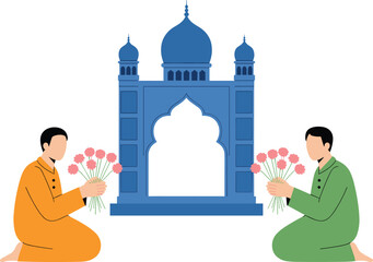 Two men in traditional attire offering flowers at a blue Islamic shrine with a dome and arched entrance © Sarjia Worlds