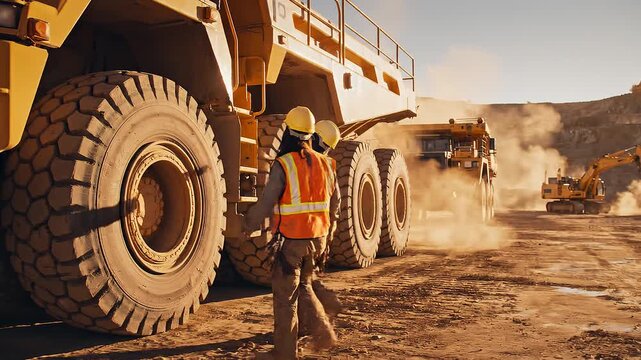 Two miners walking near large mining truck.
