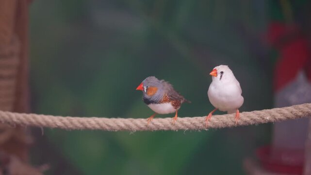 Three colorful finch birds on a rope in a zoo enclosure, with two birds interacting and one turning away, showcasing their vibrant plumage in dynamic motion