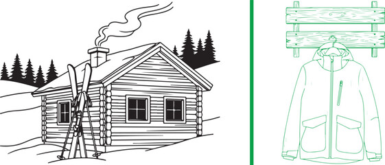 Green line art of a snow-covered log cabin with skis leaning outside, paired with an illustration of a winter parka hanging on a rustic wooden rack. © Muhammad