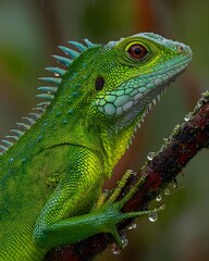 Fototapeta premium Close-Up of Vibrant Green Lizard on Branch