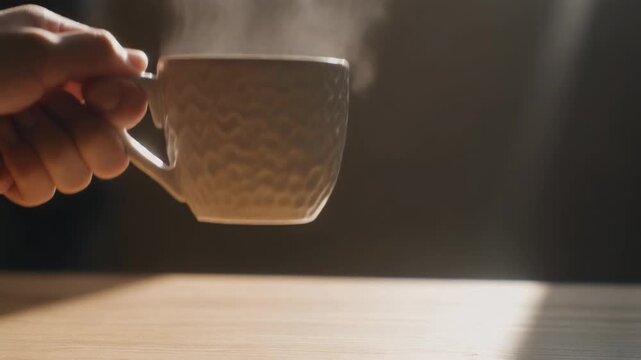 Hand lifting a steaming cup of hot coffee from a sunlit wooden table, close up