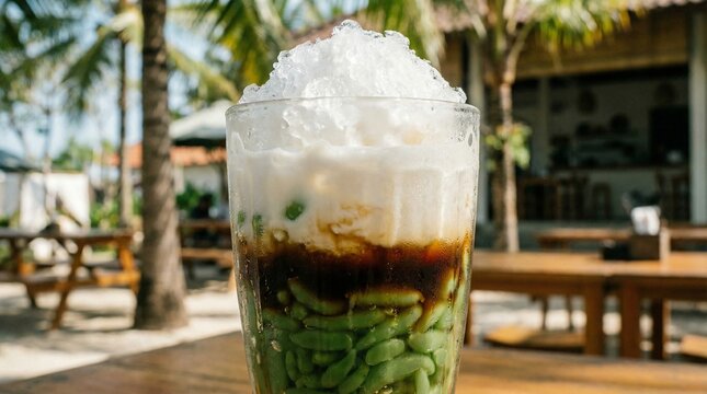 Delicious Indonesian Iced Cendol Dessert with Coconut Milk and Gula Aren
