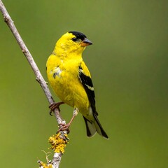 A vibrant yellow bird perched on a branch with blurred green background