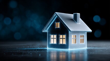 Digital representation of a house model with glowing windows and a holographic effect on a dark background, showcasing modern architectural design concepts