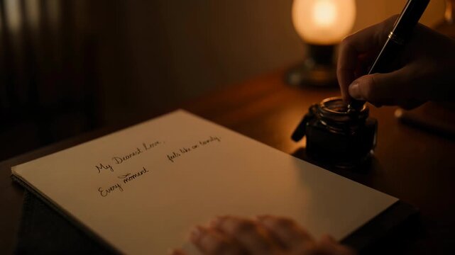 Elegant Handwritten Letter in Warm Candlelight with Fountain Pen on Vintage Paper for Romantic Correspondence