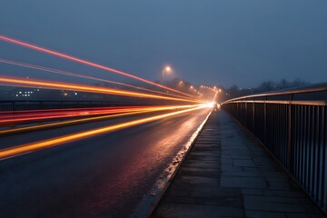 Streaks of bright vehicle light illuminate a damp bridge roadway during twilight hours