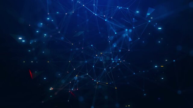 Abstract digital network connection with glowing blue lines and dots on dark background global technology communication and big data visualization concept