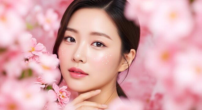Beautiful Asian Woman Cherry Blossom Pink Petals Face Touch Serene Spring Beauty Portrait