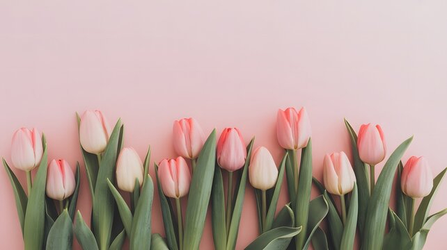 Pink Tulips Border on Pastel Pink Background with Copy Space image