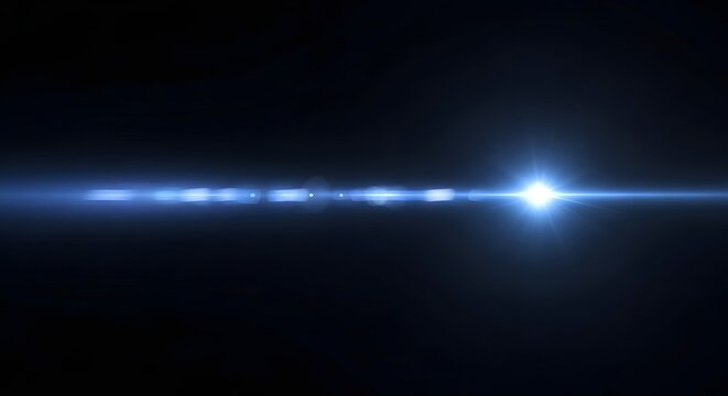 Intense Blue Horizontal Lens Flare Beam Streak Light Ray Glow on Black Background, Sci-Fi Cinematic Laser Line Burst Effect