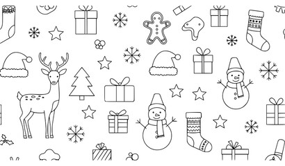 Minimal Christmas Doodle Outline Seamless Pattern Vector