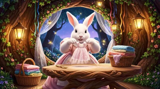 A magical fairytale animation scene of a loving mother rabbit sewing delicate clothes