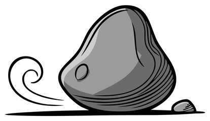 Bold cartoon gray rock with dynamic impact lines and a tiny companion pebble