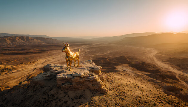 The Israelites sinned when they worshiped an idol in the Sinai valley, leading to this Biblical story of faith and idolatry where a golden calf statue stands on a rock in the desert landscape at sunri