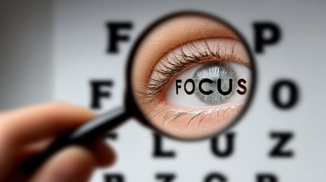 Close-up of human eye magnified by a glass lens focusing on the word "FOCUS" from an eye chart, with letters clearly visible in the background