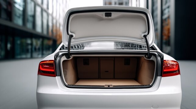 White sedan car trunk open, revealing spacious interior with beige carpeting, parked in urban setting with modern buildings and glass facades in the background