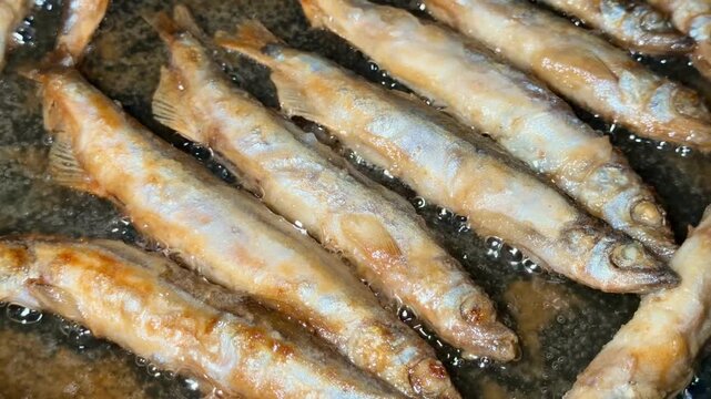 A pan of fish is frying in oil