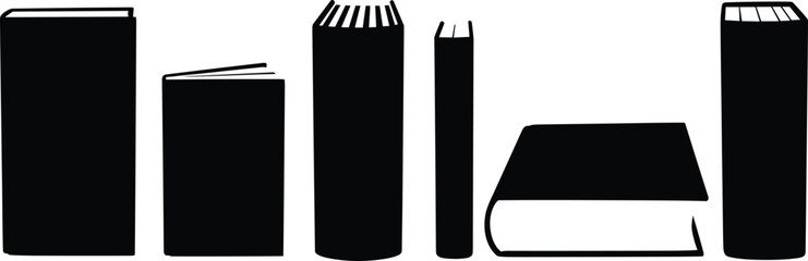 Book silhouettes set, upright and flat books, open and closed volumes, literature icons, education design elements, academic illustration collection © Habiba