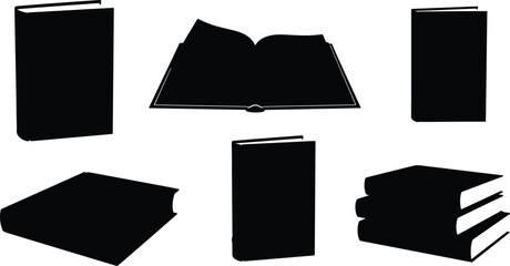 Book silhouettes set, upright and stacked books, open and closed volumes, literature icons, education design elements, academic illustration collection © Habiba