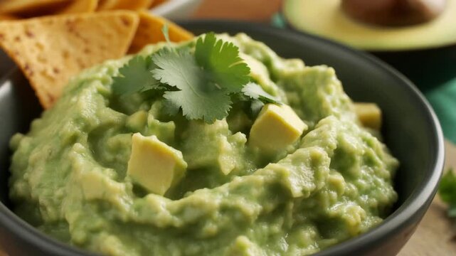 Close up of fresh chunky guacamole with cilantro and tortilla chips in a dark bowl