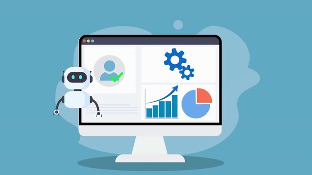 Animated flat vector illustration of an AI analytics dashboard on a desktop monitor with charts, user interface icon, and a friendly robot assistant representing automation technology.