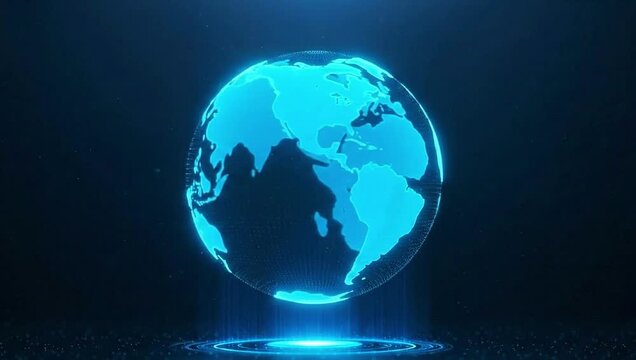 Glowing blue earth globes spinning in dark space with futuristic lighting effects